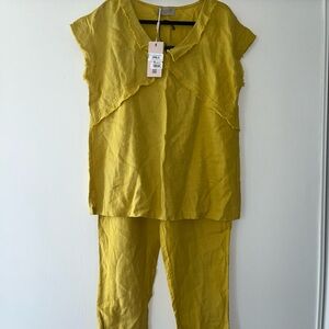 NWT CUT LOOSE 100% Linen Mustard yellow SET Button Top Pants Lagenlook Size42-44